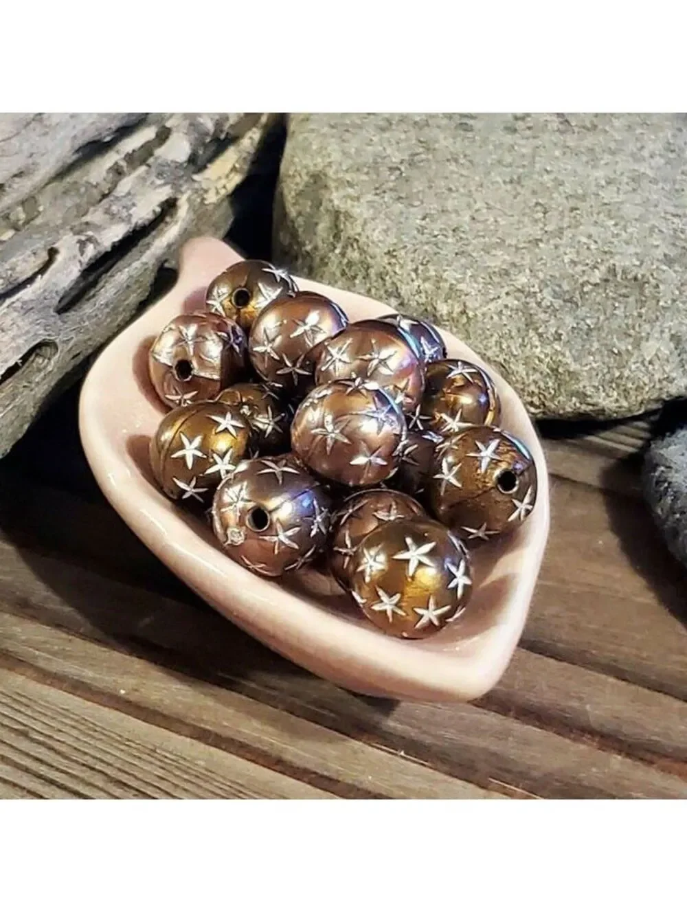 10 Vintage Retro Brown Silver Stars 12mm Round Acrylic Shabby Chic Beads